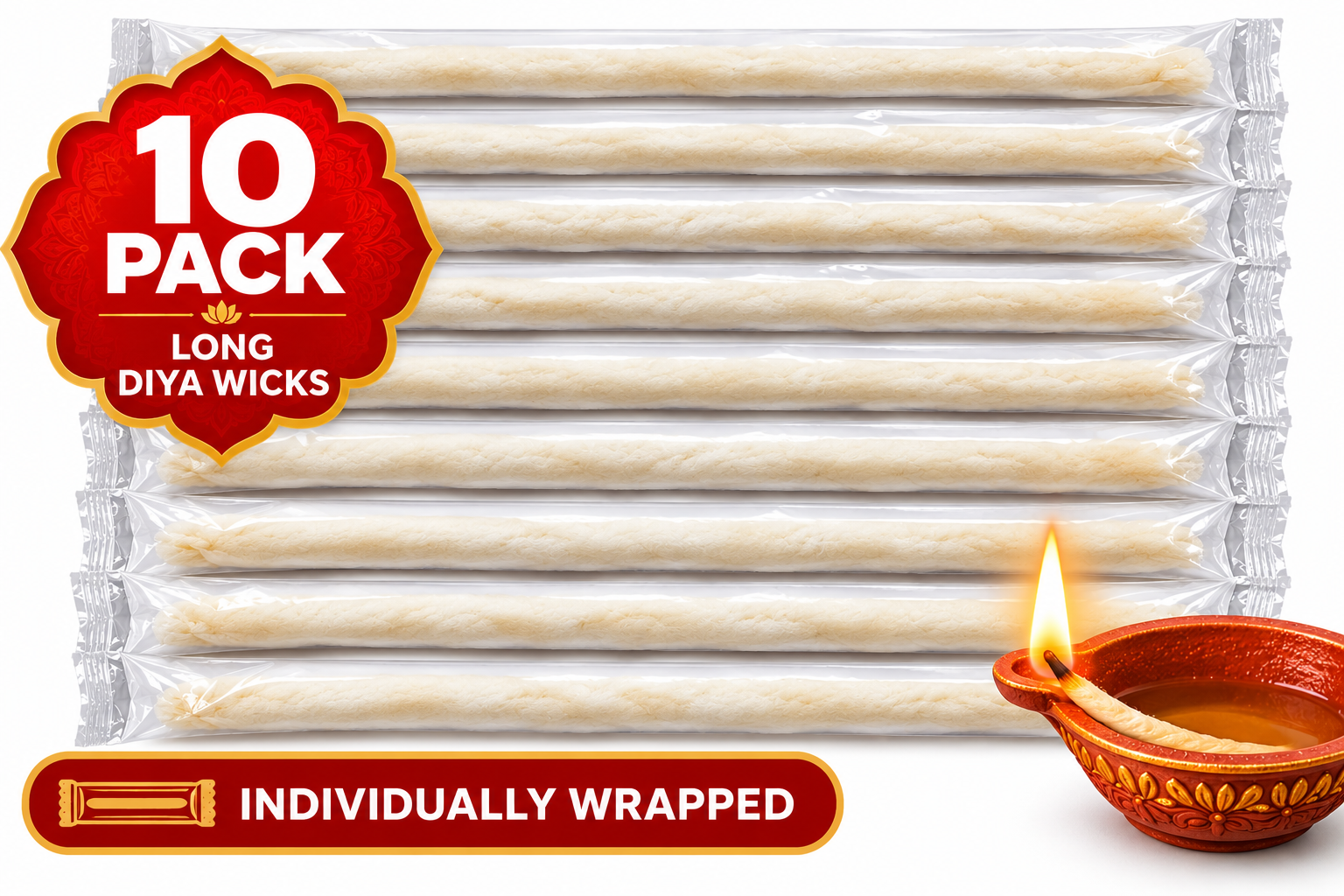 Long Diya Wick 10-pack